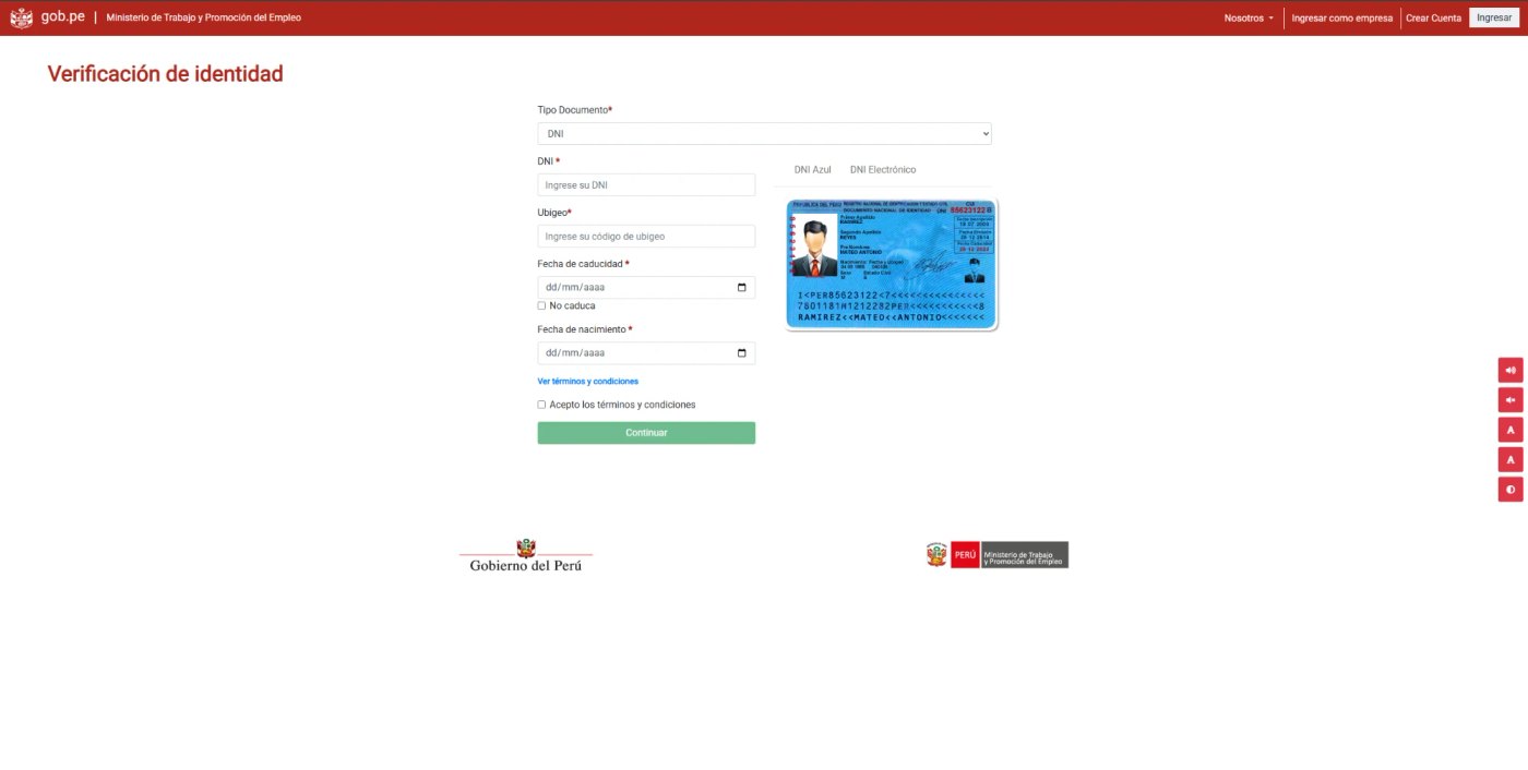 Pantalla de verificación de identidad de Empleos Perú con los campos DNI, ubigeo, fecha de caducidad y fecha de nacimiento
