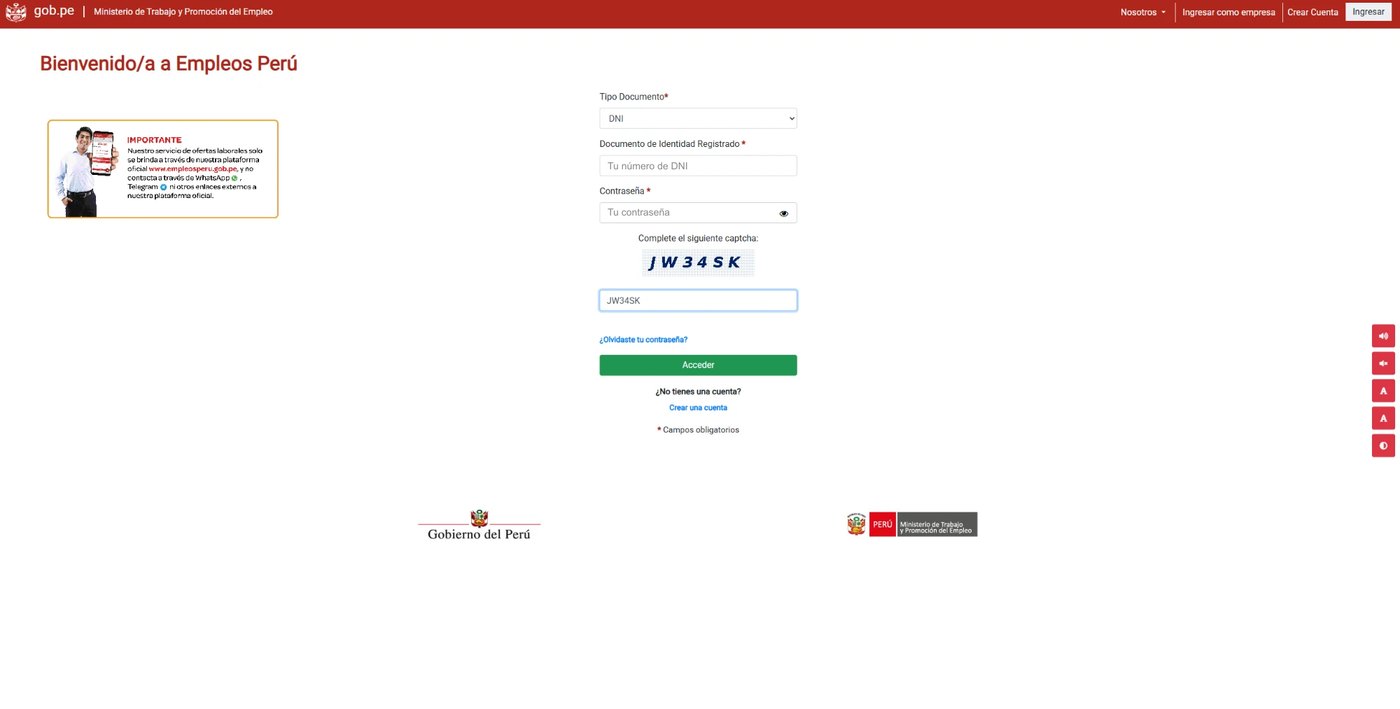Pantalla de inicio de sesión de Empleos Perú con DNI, contraseña y captcha