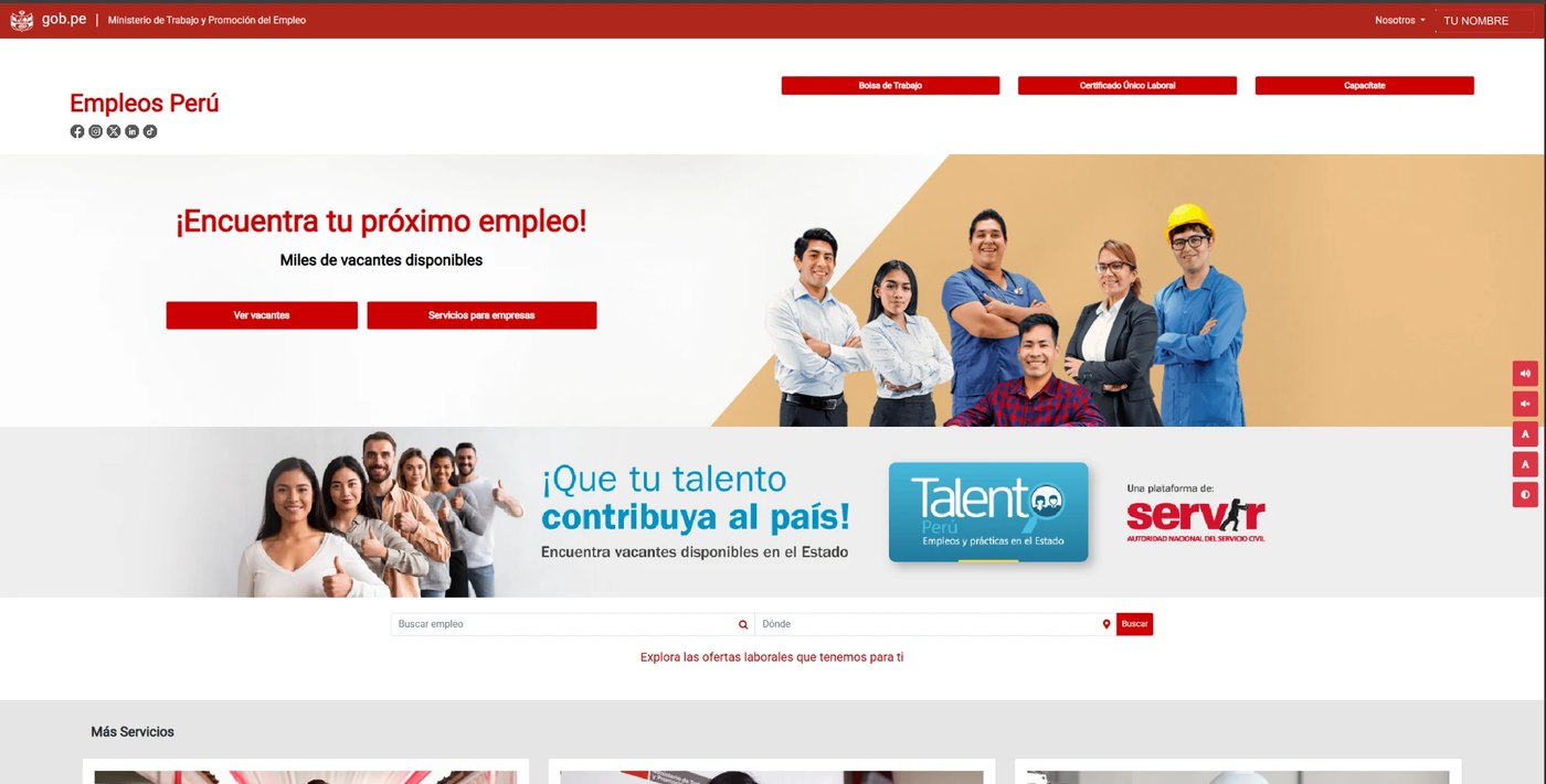 Página de inicio de Empleos Perú con el botón Certificado Único Laboral