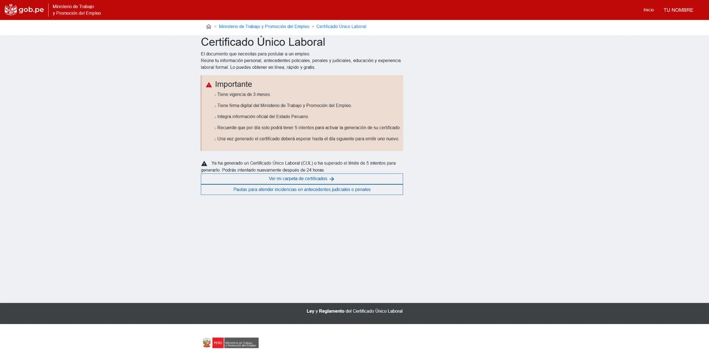 Pantalla del Certificado Único Laboral con el botón Ver mi carpeta de certificados