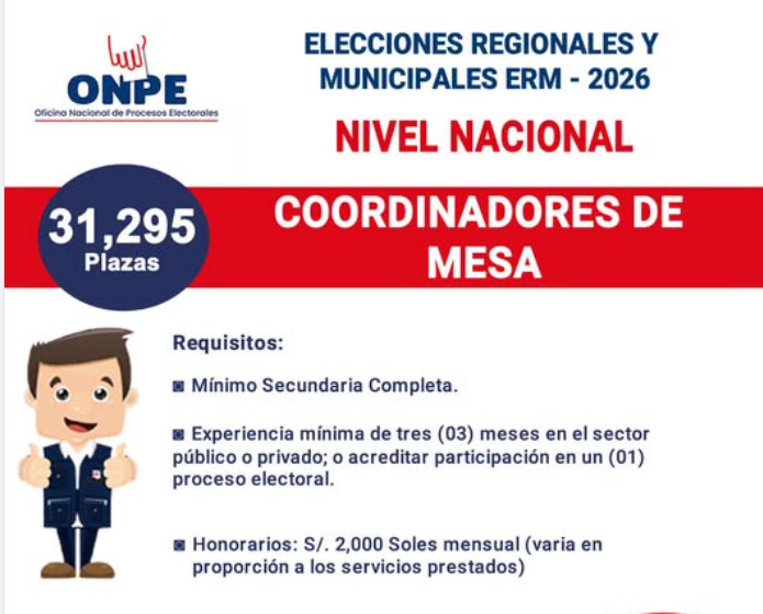 Convocatoria ONPE Coordinadores de Mesa, Elecciones Regionales y Municipales 2026