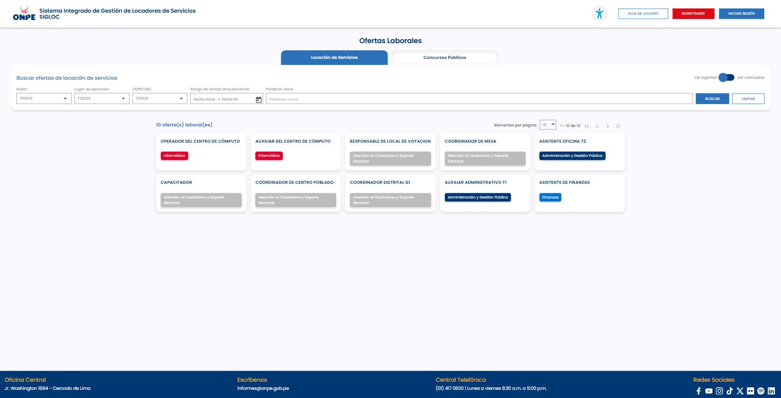 Listado de ofertas laborales vigentes en el Portal SIGLOC de la ONPE