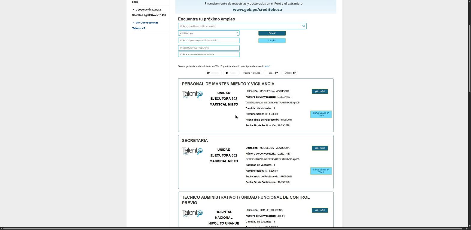 Aviso de Secretaria y Personal de Mantenimiento y Vigilancia en el Portal Talento de SERVIR